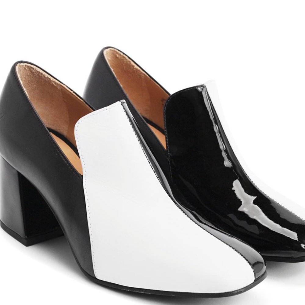 John Fluevog Gilda heels - matte white, patent black - size 6.5 made in Portugal